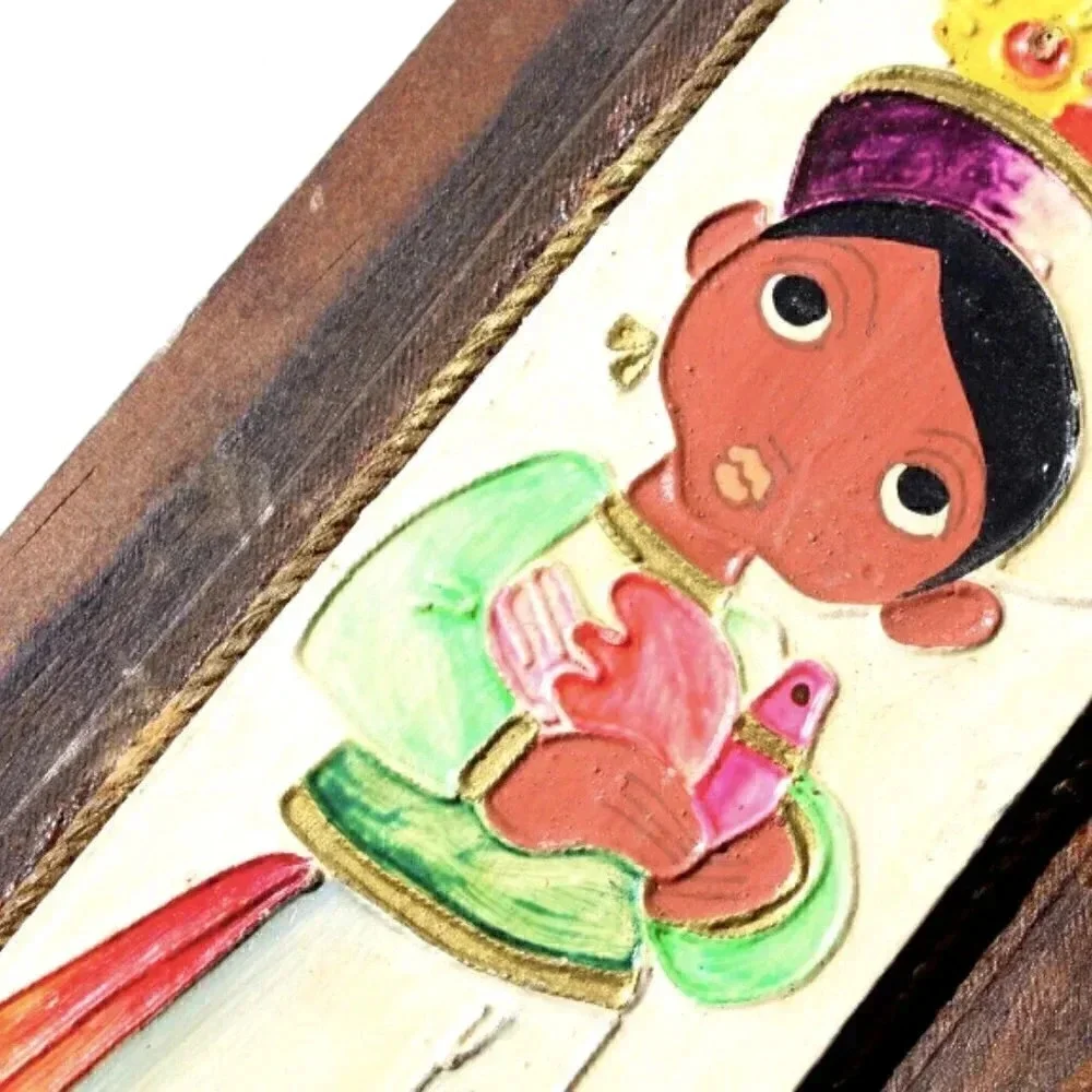 Vtg Mid Century Mexican Folk Art Wood Wall Plaques Hand Painted Children Signed